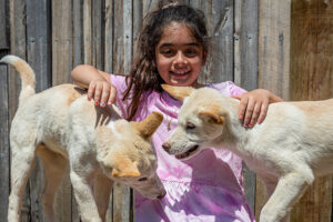 Girl patting dingo pups